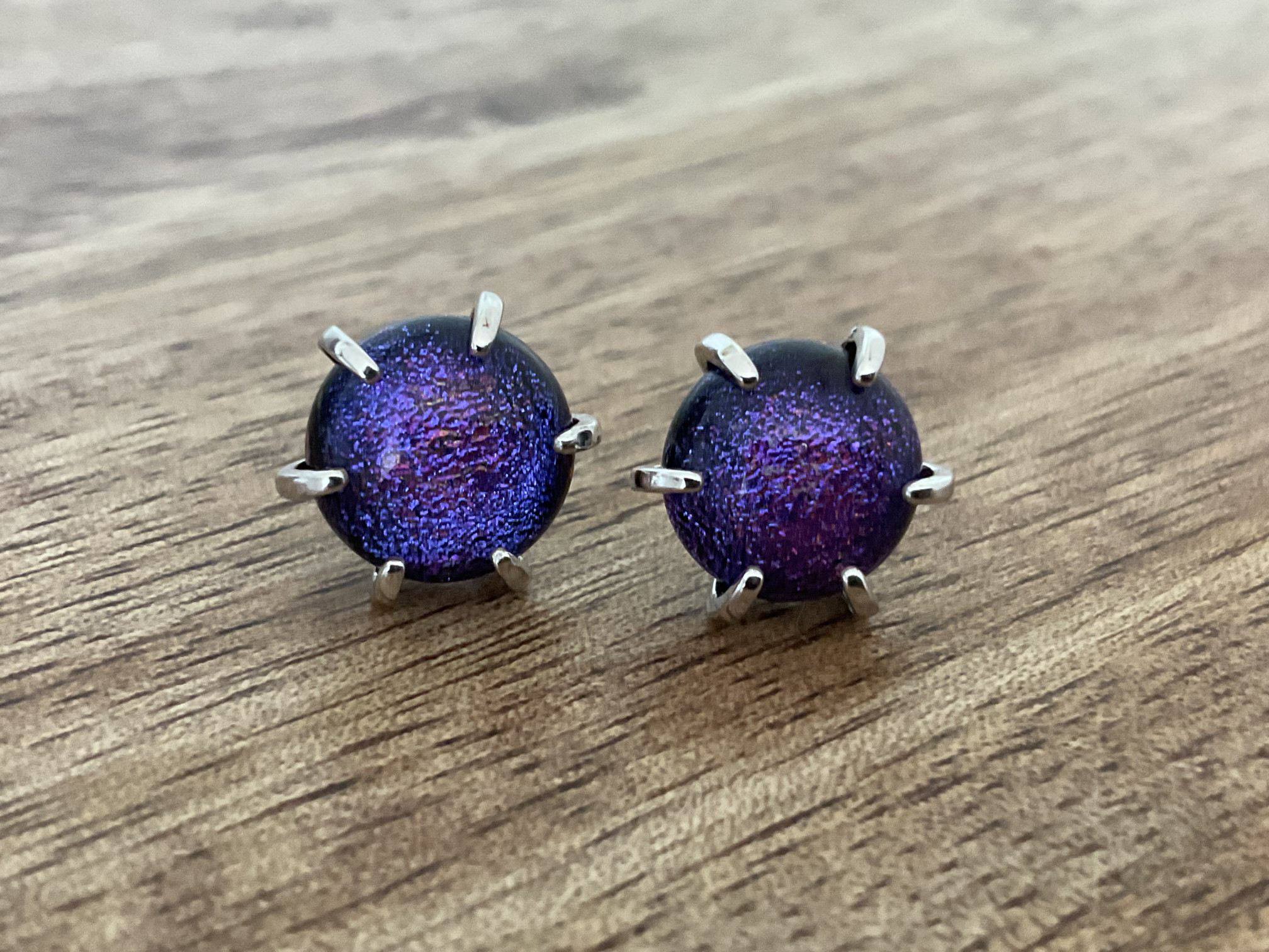 Purple Sparkly Dichroic Fused Glass Stud Earring